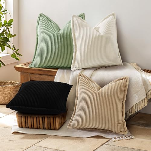 decorUhome Corduroy Black Throw Pillow Covers 16x16 Set of 2 Decorative Soft Boho Striped Neutral Euro Farmhouse Couch Pillow Cases with Broadside for Living Room Bed Sofa