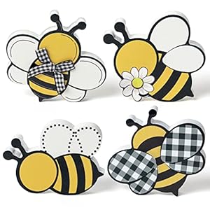 WATINC Bee Tiered Tray Decor – 4PCS Summer Wooden Table Centerpiece Sign, Double-sided Bees Printed Wood Tabletop Signs, Rustic Farmhouse Table Decoration for Holiday Home Honey Party Supplies