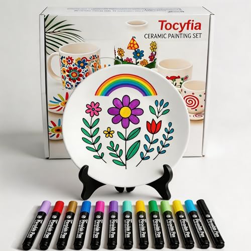 Tocyfia Juego de pintura de cerámica, lápices de porcelana aptos para lavavajillas, contiene placas, 12 lápices de colores de cerámica y 1 estante, que son muy adecuados para pintar la creación y el