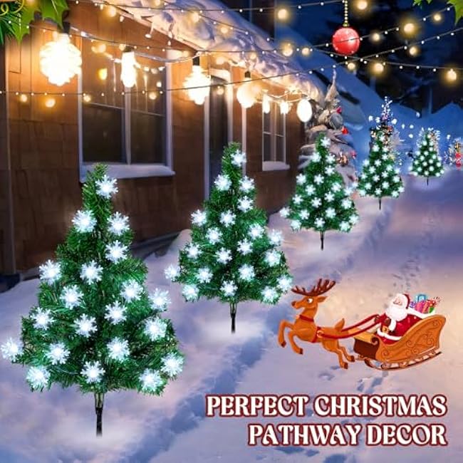 Retisee 6 Pack Solar Christmas Tree Garden Stake Lights Christmas Decorations Outdoor LED Snowflake Lights 8 Modes Prelit Xmas Tree Solar Landscape for Garden, Yard, Lawn