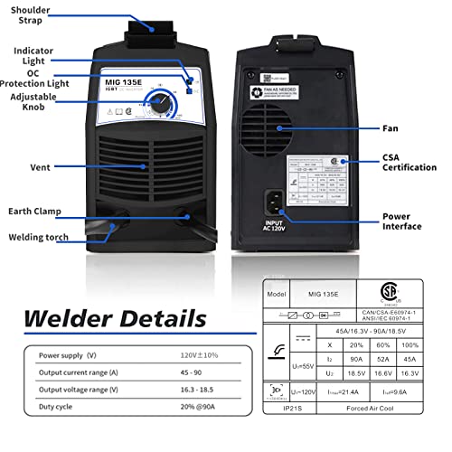 Mig Welder Machine Flux Core Gasless Welding 135A 110V Wire Automatic Feed Welding Portable No Gas Diy Home Mini Welder Small With Igbt Inverter #TOP2