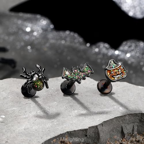 MeIighting 3PCS 16G Black Helix Earrings, 8 mm Internally Threaded Bat Cartilage Piercing Stainless Steel 316L, Halloween Pumpkin Spider Tragus Flat Back Lobe Stud For Women3