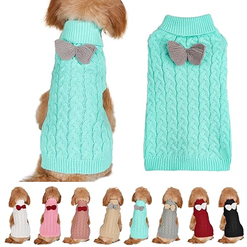 Yanmucy Turtleneck Sweater Bow Knitting Jumper Warm Winter Clothes Pullover Knitwear Crochet Coat Christmas Costume for Small Medium Large Dogs Cats (Blue