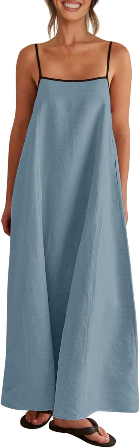 Shy Velvet Women's 2026 Summer Linen Maxi Dress Contrast Spaghetti Strap Dress Backless Casual Party Beach Dresses - Image 5