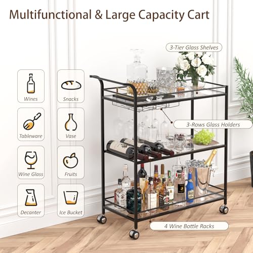 Image of Black Bar Cart, Home Bar Serving Cart with Handle, Wine Cart with 3-Tier Glass Shelves, Beverage Cart with Wine Rack and Glass Holder, Bar Carts for The Home, Dining Room, Living Room