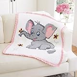 Mary Maxim Baby Elephant Crochet Blanket Kit, Intermediate Baby Blanket Crochet Kit Includes Worsted Weight Yarn and Pattern, Finished Size 32 x 36 Inches - Pink and White