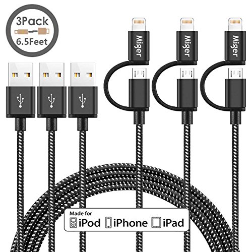 miger (material antiburbujas, 3 unidades) 6,5 ft 2 en 1 Apple lightning y Micro USB Cable de Nylon trenzado Cable de carga y sincronización para iPhone, iPad/iPod y Samsung, Nexus, Nokia, Sony y más