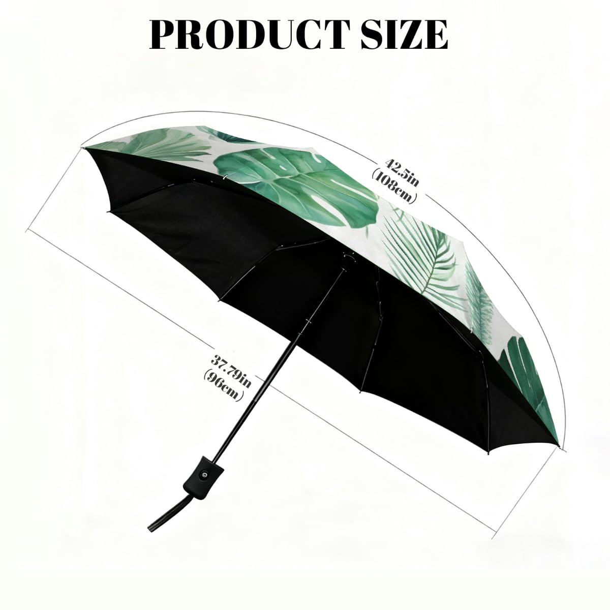 Ombrello pieghevole con foglie tropicali, ombrello da viaggio, compatto, antivento, impermeabile, con protezione UV, rivestimento nero, leggero, 8 costine, portatile, per pioggia e sole