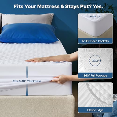 Image of BEDLORE 2 Pack Waterproof Mattress Protector, King Size Mattress Pad with Deep Pocket Fitted Up to 6-18 inches, Soft Noiseless Single Bed Mattress Cover for Bedroom, Dorm Room (White)