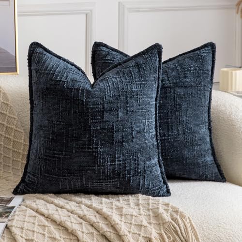 Image of MADIZZ Pack of 2 Chenille Throw Pillow Covers 16x16 Inch Dark Blue Soft Neutral Decorative Throw Pillows for Couch Sofa Boho Accent Cushion Covers Modern Farmhouse Home Decor for Bedroom Living Room