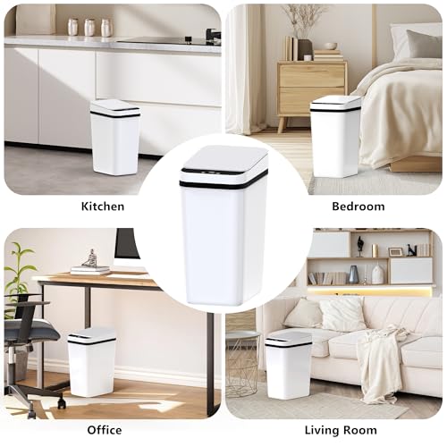 Image of jinligogo Touchless Trash Can, Motion Sensor Automatic Garbage Bin, Small Rectangular Wastebasket for Bathroom, Bedroom, Kitchen, Office - Hands Free (3p 2.6 Gallon White)