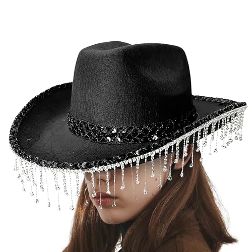 Chapeau de cowboy pour homme avec strass réfléchissants et pompons mobiles