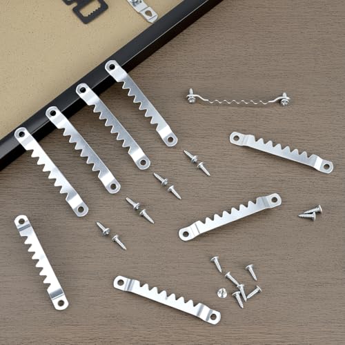 Image of QWORK Sawtooth Hangers Large with Screws, 100 Pcs, Steel with Zinc Finish, Includes 200 #6 x 1 /2 inch Screws, Canvas and Picture Frame Hangers