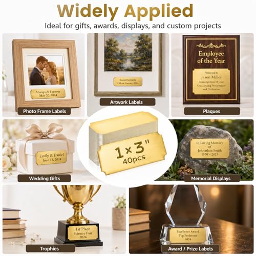 Disabeki 40 Pcs Gold Stainless Steel Name Plates for Laser Engraving, 1 x 3 Inch Brushed Blank Plaques with Adhesive Backing for Frames, Trophies, Awards and DIY Crafts - Image 5