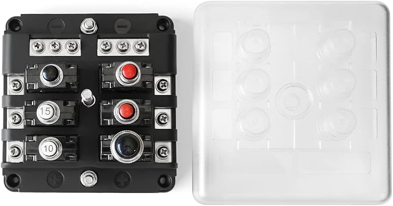 Caixa de fusíveis LENKRAD 6 vias com barramento negativo, indicador LED e tampa de proteção – FH0506