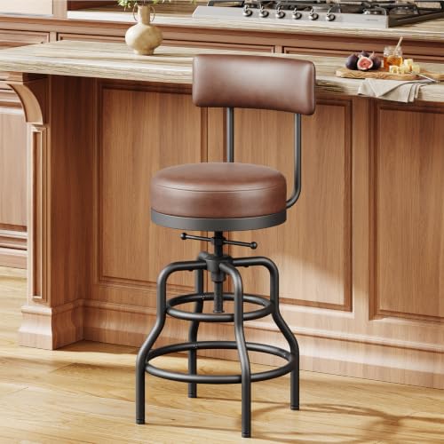 Image of Raynesys 22-29 Inch Adjustable Height Industrial Swivel Bar Stool with Back | Vintage Bar Counter Height Stool with Thicken Premium Bonded Leather Seat & Sturdy Padded Backrest, Easy Assembly, Brown