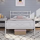 Yaheetech Metal Twin Size Bed Frame, Platform Bed Frame, Mattress Foundation with Curved Design Headboard & Footboard, NO Box Spring Needed, Heavy-Duty Support, Easy Assembly, Twin, White