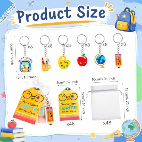 Trnayi 48 Set Back to School Gifts for Student First Day of School Keychain Gift Set with Pencil Tags Organza Bags for Classroom Reward Exchange Gifts Schools Party Goodie Bag Stuffers