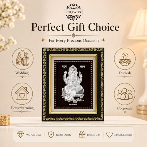 Image of Hem Jewels 999 Pure Silver Ganesh Photo Frame for Home & Office | God Frame for Pooja Room & Wall Decor | Premium Pure Silver Gifting Item for Wedding, Housewarming, Office, Wedding & Festival Gifts | Square Tabletop | W=12cm & H=13.5 cm | Certificate Included