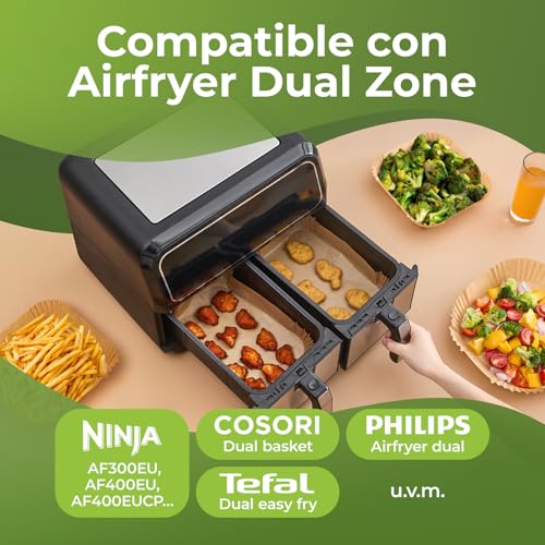 FRITTI Papel de horno para freidora de aire caliente, 150 unidades, certificado DEKRA 22 x 14 cm, rectangular, compatible con Dual Zone Airfryer Accesorios 8 – 12 L - imagen 7