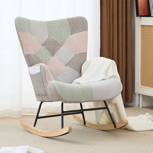 Image of Phore Nursery Rocking Chair, Teddy Upholstered Glider Rocker, Rocker Accent Chair with High Backrest, Comfy Rocking Accent Armchair for Living Room, Bedroom, Offices(Macaroon)
