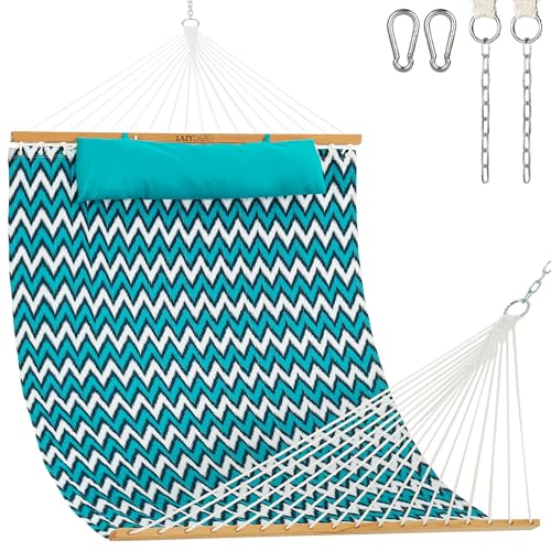 Lazy Daze Hammocks 12 FT Quilted Fabric Double Hammock with Spreader Bars and Detachable Pillow, 2 Person Hammock for Outdoor Patio Backyard Poolside, 450 LBS Weight Capacity, White & Blue C