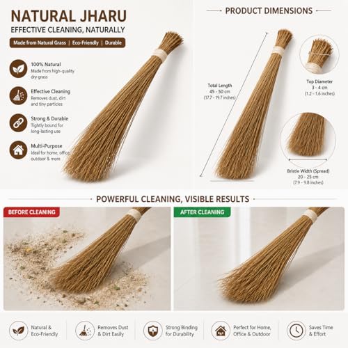 Image of Natural Coconut Broom, Traditional Indian Broom with Strong Bristles for Home Floor Cleaning, Sweeping and Dusting, Indoor and Outdoor Use