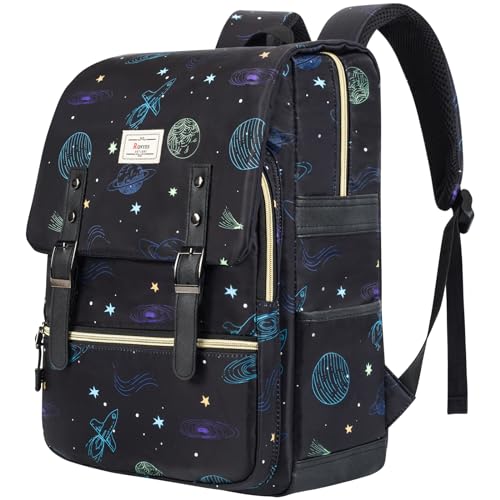 Ronyes Vintage Backpack for Women Men, Laptop Backpack 15.6 inch Bookbag Casual Daypack for Work, Black with Rocket Pattern