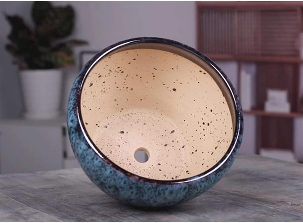Pots de Fleurs en céramique avec Grain de Pierre Bleue, Pots de Plantes succulentes, Pots de bonsaï avec Plateau, Pots de Plantes Verts de Style Chinois, conteneurs de pl(16 * 12.5CM)