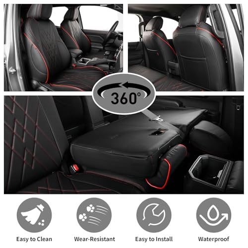 Image of EKR Tacoma Car Seat Covers Custom Fit for Toyota Tacoma (Petrol) 2024 2025 2026 DoubleCab /CrewCab SR /SR5 /TRD Sport /TRD Off-Road /Limited -Truck Seat Covers Full Set,Faux Leather(Black with Red Trim)