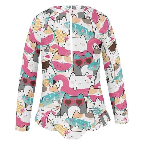 QUGRL Girls Rash Guard Long Sleeve One Piece Swimsuits Kawaii Cute Cats Zipper Girl Bathing Suits Size 9-10 Colorful Summer UV Swimwear Stand Collar2