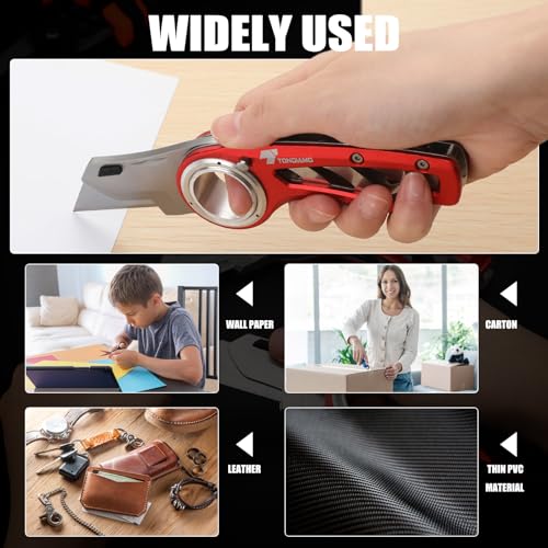 Image of Tondiamo 3 Pcs Folding Pocket Utility Knife Heavy Duty Box Cutter Folding Razor Knife with Anti Slip Finger Loop Easy Change Blades 3 Lock Positions Design (Red,Blue,Green)