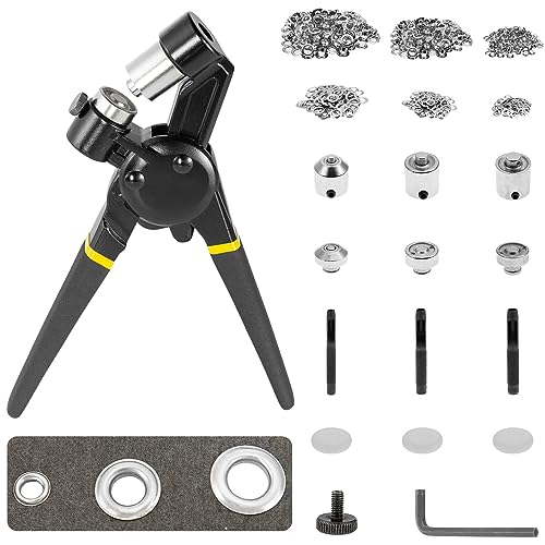 Dyna-Living Eyelet Punch Kit Grommet Machine Hole Punch Pliers Hand Press Tool with 3 Molds (5.5mm/0.22", 8mm/0.315", 10mm/0.39") and 900 Silver Grommets (5.5, 8, 10mm)for Belts, Crafts, Rubber