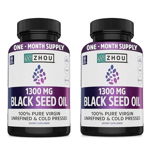 Image of ZHOU Black Seed Oil Capsules - Black Cumin Seed Oil Cold Pressed, Nigella Sativa, Pure Unrefined Blackseed, Premium Supplement for Health, Hair & Skin w/Thymoquinone - 60 Capsules (Pack of 2)