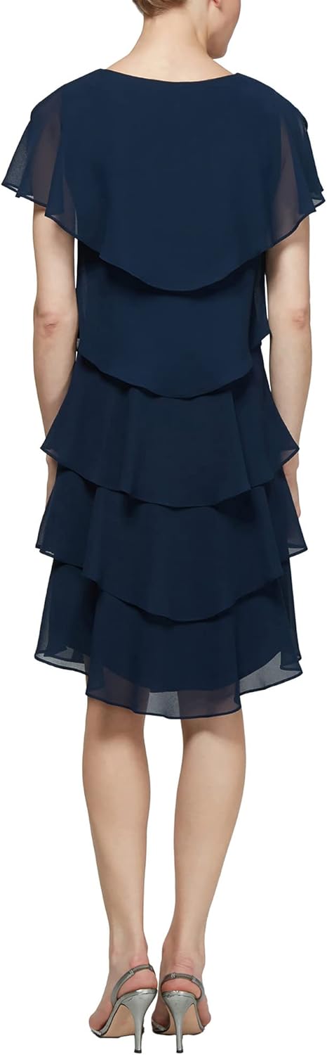 S.L. Fashions Womens Short Sleeve Tiered Chiffon Cocktail Dress, Wedding Guest Gown (Petite and Regular Sizes) - Image 2