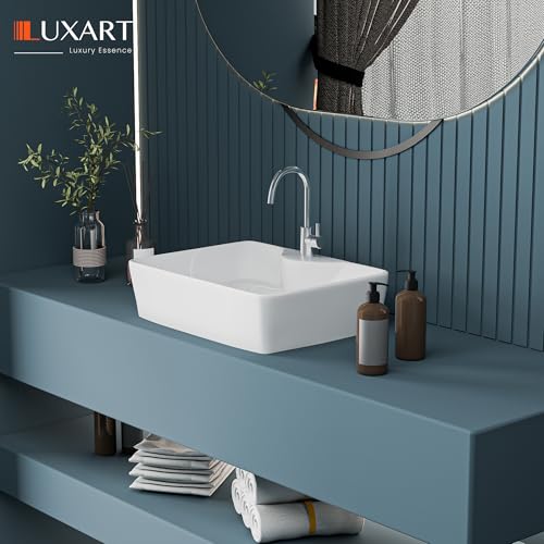 Image of LUXART Tabletop Wash Basin For Bathroom - 19 x 14 x 5 Inc Ceramic Glossy White Countertop Washbasin | Vessel Sink For Hotel, Dining Hall, Vanity | Over counter Top Washroom Sink
