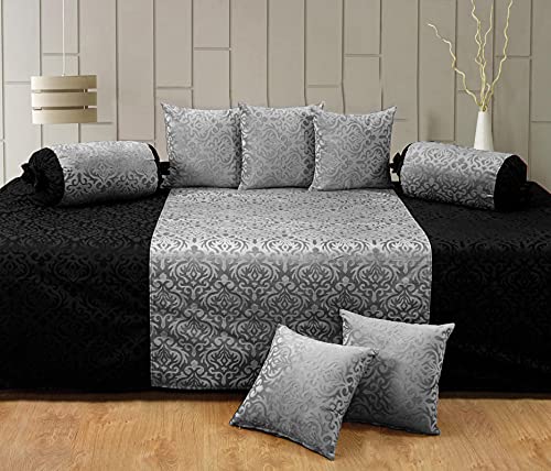 Image of Homesajja Premium Diwan Set of 8 (1 Sheet, 2 Bolster with Dori & 5 Cushion Covers) Black & Grey, Self