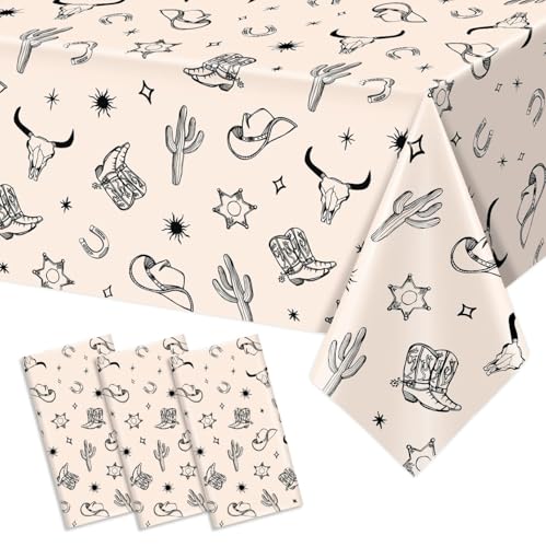 Tewess 3Pcs Western Theme Tablecloths Rodeo Bachelorette Party Supplies Ranch Birthday Plastic Table Cover Cowgirl Cowboy Table Decorations for Rodeo Birthday Party