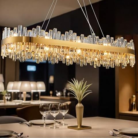 OSRoyce Modern Chandelier for Dining Room, L52 Gold Rectangle K9 Crystal Chandelier,20-Light Large Hanging Chandeliers Ceiling Light, Pendant Light Fixture for Kitchen Island Living Room Cover