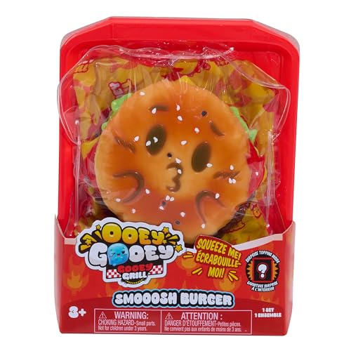 Just Play Ooey Gooey Gooey Grill Smooosh Burger Set with Toppings, Super Soft and Squishy Play Food, Fidget and Sensory Toy for Kids, Girls, Boys, Ages 3 and Up