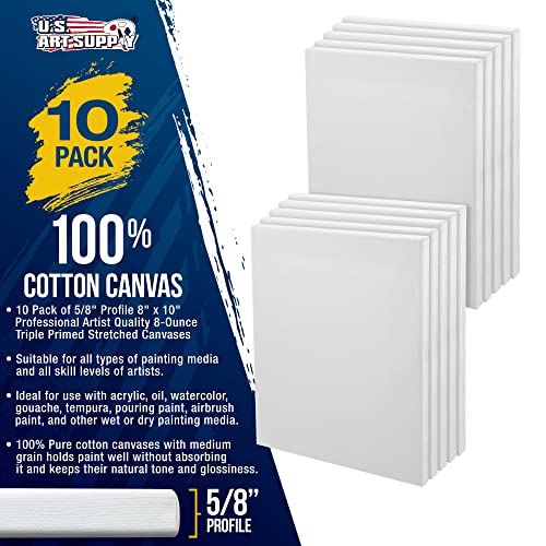 U.s. Art Supply 8 X 10 Inch Stretched Canvas Super Value 10-Pack - Triple Primed Professional Artist Quality White Blank 5/8" Profile, 100% Cotton, Heavy-Weight Gesso - Acrylic Pouring, Oil Painting #TOP1