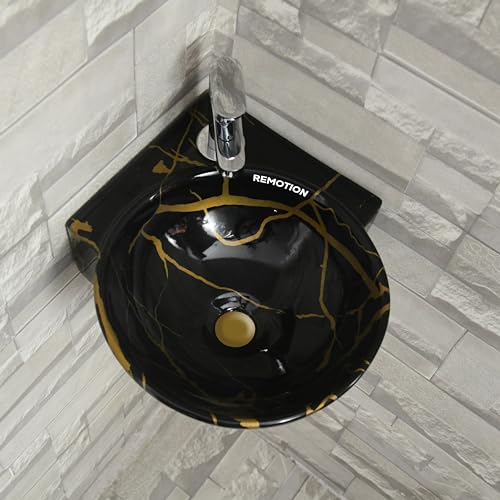 Image of REMOTION Wall Mounted Wash Basin for Bathroom | Wall Hung Corner Sink | Ceramic Round Wall Hung Wash Basin | Wall Hung Small Corner Basin (16.3 x 13.8 x 4.3 Inch) (Black Gold Jelly)