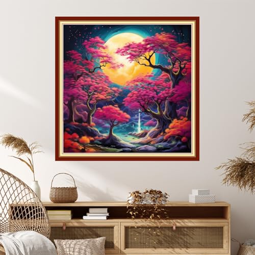 Image of Dimxvean Stamped Cross Stitch Kits,Cross Stitch Kits for Adults Beginners,Embroidery Kits Full Range of Cross Stitch Stamped Kits Needlepoint Kits Cross Stitch Patterns-Moon Colored Tree 18x18 inch