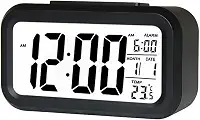 Henniu Relógio de Mesa Despertador digital inteligente com botão de soneca de data e temperatura na parte superior retangular operado por bateria com luz noturna para quarto Crianças - Preto
