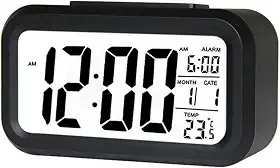 Henniu Relógio de Mesa Despertador digital inteligente com botão de soneca de data e temperatura na parte superior retangular operado por bateria com luz noturna para quarto Crianças - Preto