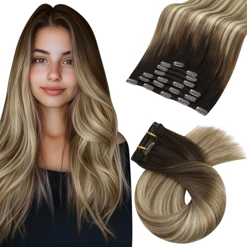 Image of Moresoo Human Hair Clip in Extensions Balayage Dark Brown to Medium Brown with Blonde Ombre Clip in Hair Extensions for Women Full Head 7Pcs 120G 22 Inch