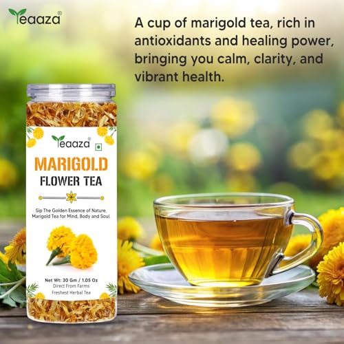 Image of TEAAZA Marigold Flower Tea|Natural Sun Dried Marigold Flower|RELIEVES PAIN|Caffeine Free - Flower Based - Herbal Tea - Gluten Free - Non - Bitter|Marigold Tea Leaves-30 Grams,60 Cups|Reusable Pet Jar