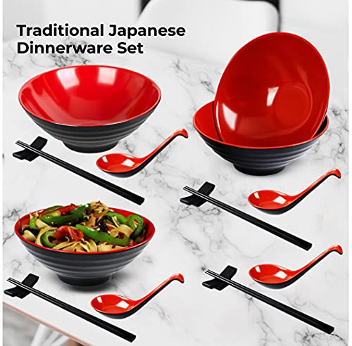 Annie's Kitchen Japanese Ramen Bowl Set Of 4 Naruto Ramen Bowl With Chopsticks And Stands - Large Ramen Bowls Pho Bowls And Spoons Set 16 Piece Melamine (Red) #TOP1