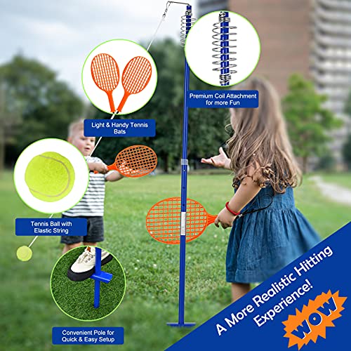 COSTWAY Portable Tetherball Set, 3-Level Height-Adjustable Swing Ball Family Game Set with Tennis Ball, Spiral Coil, Swivel Arm and 2 Bats, Outdoor Tetherball Equipment - Image 2