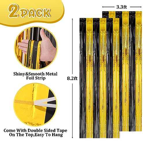Image of Voircoloria 2 Pack Black and Gold Foil Fringe Backdrop Curtains, Tinsel Streamers Birthday Party Decorations, Fringe Backdrop for 2026 New Yew Decorations, Anniversary,Graduation, Retirements Party